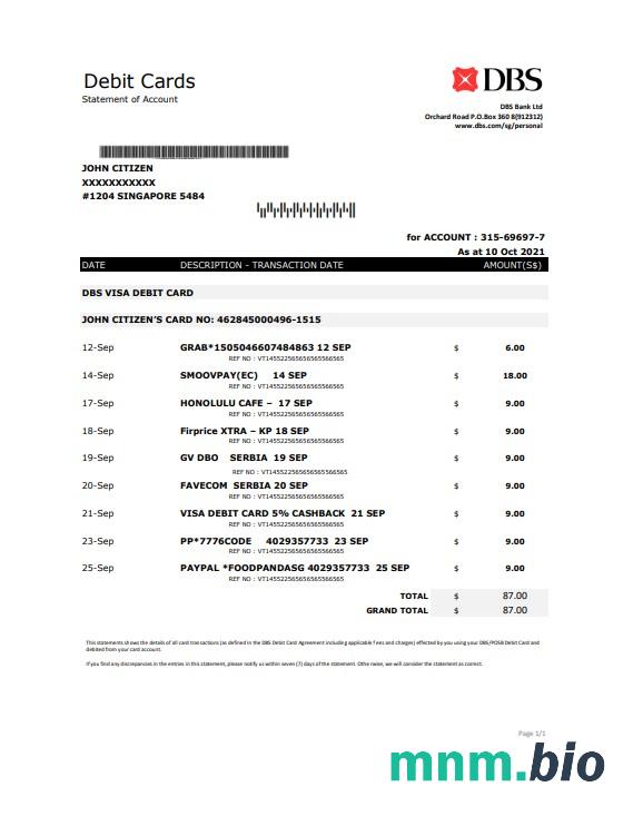Singapore DBS bank dowód adresu szablon wyciągu w .doc i .format pdf